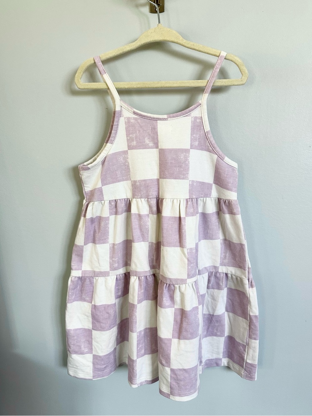 Grayson Mini Girls 5T Lavender White Checkered Tiered Tank Dress - Picture 3 of 8